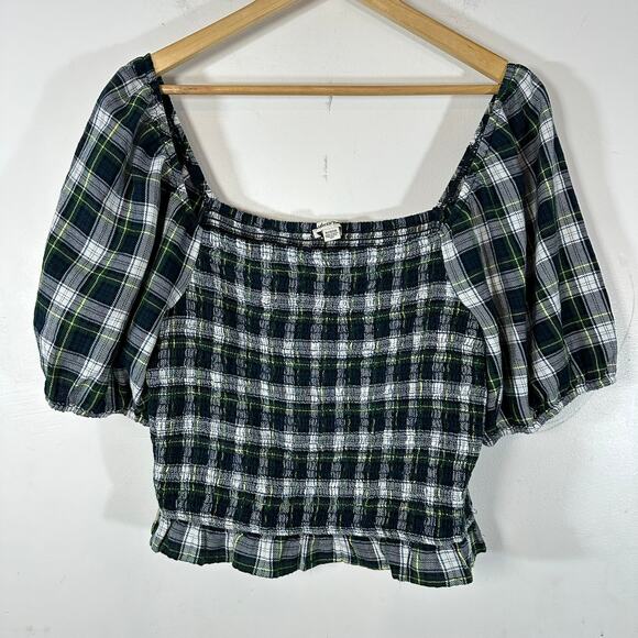 AMERICAN EAGLE Smocked Puff Sleeve Cropped Plaid‎ Top Womans XL - Picture 2 of 7